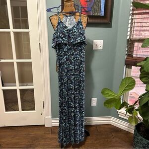 Lauren Conrad XS Maxi Dress w Slit Floral Spaghetti Straps Black Blue
